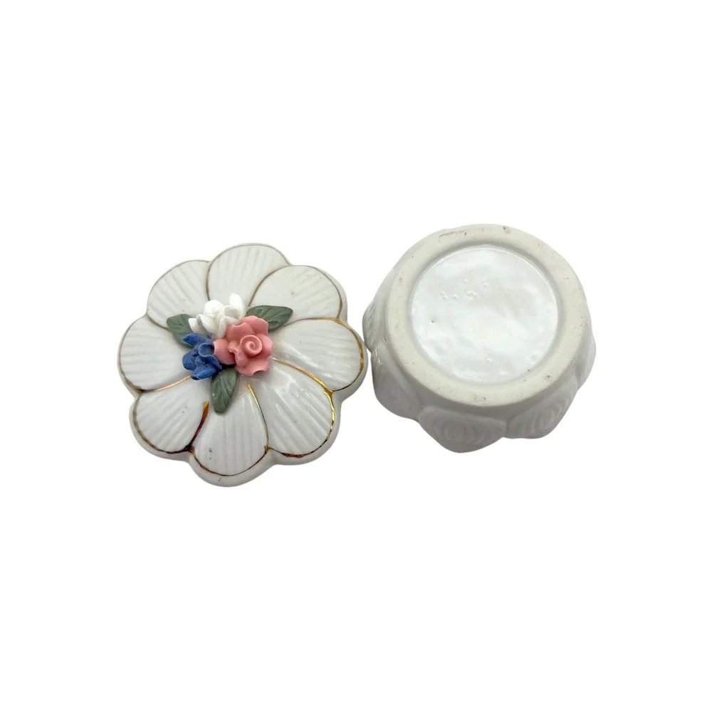 Vintage Porcelain Flower Trinket Box Gold Trim Floral Applied Rose Jewelry Dish